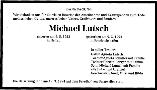 Lutsch Michael 1923-1994 Todesanzeige